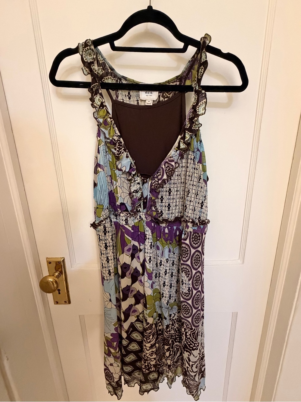 ECI Purple, Green & Cream Mixed-Print Midi Dress